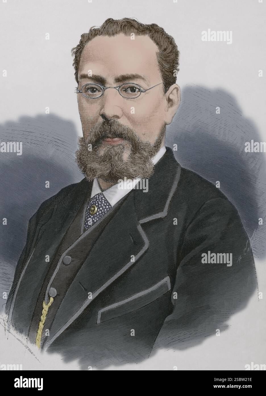 Manuel Tamayo y Baus (1829-1898). Drammaturgo spagnolo. Segretario perpetuo della Real Academia Española (Accademia reale spagnola). Verticale. Illustrazione di Badillo. Incisione di Arturo Carretero (1852-1903). Colorazione successiva. The Spanish and American Illustration (la Ilustración Española y americana), 1884. Foto Stock