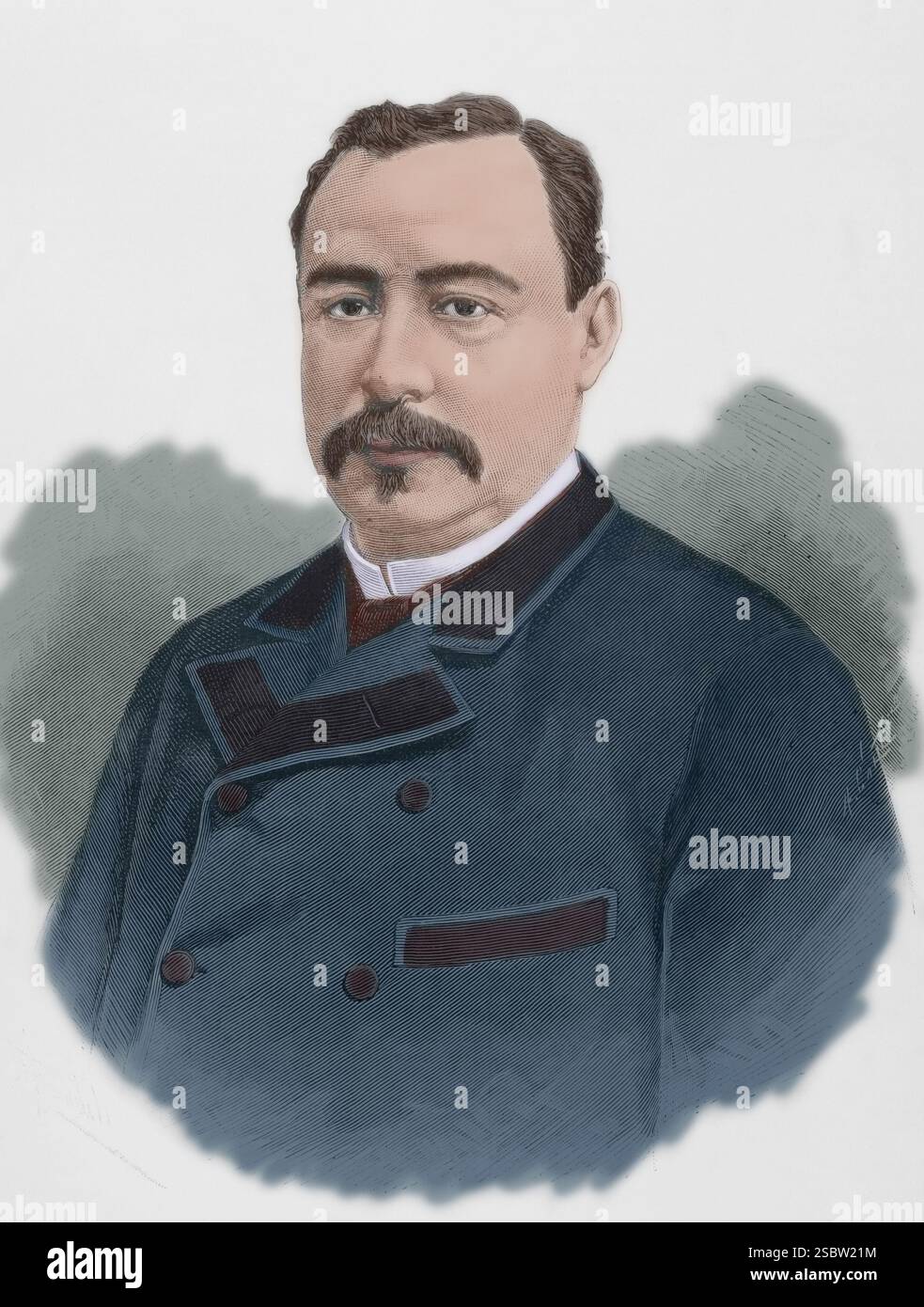 Rafael Zaldívar (1834-1903). Presidente di El Salvador dal 1o maggio 1876 al 6 aprile 1884 e dal 21 agosto 1884 al 14 maggio 1885. Verticale. Disegno di Badillo. Incisione di Arturo Carretero (1852-1903). Colorazione successiva. The Spanish and American Illustration (la Ilustración Española y americana), 1884. Foto Stock