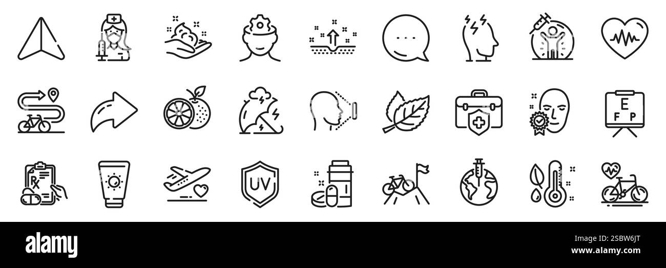 Pacchetto icone vaccino pandemico, Heartbeat e Mountain bike. Per applicazioni Web. Icone della riga dell'app. Vettore Illustrazione Vettoriale