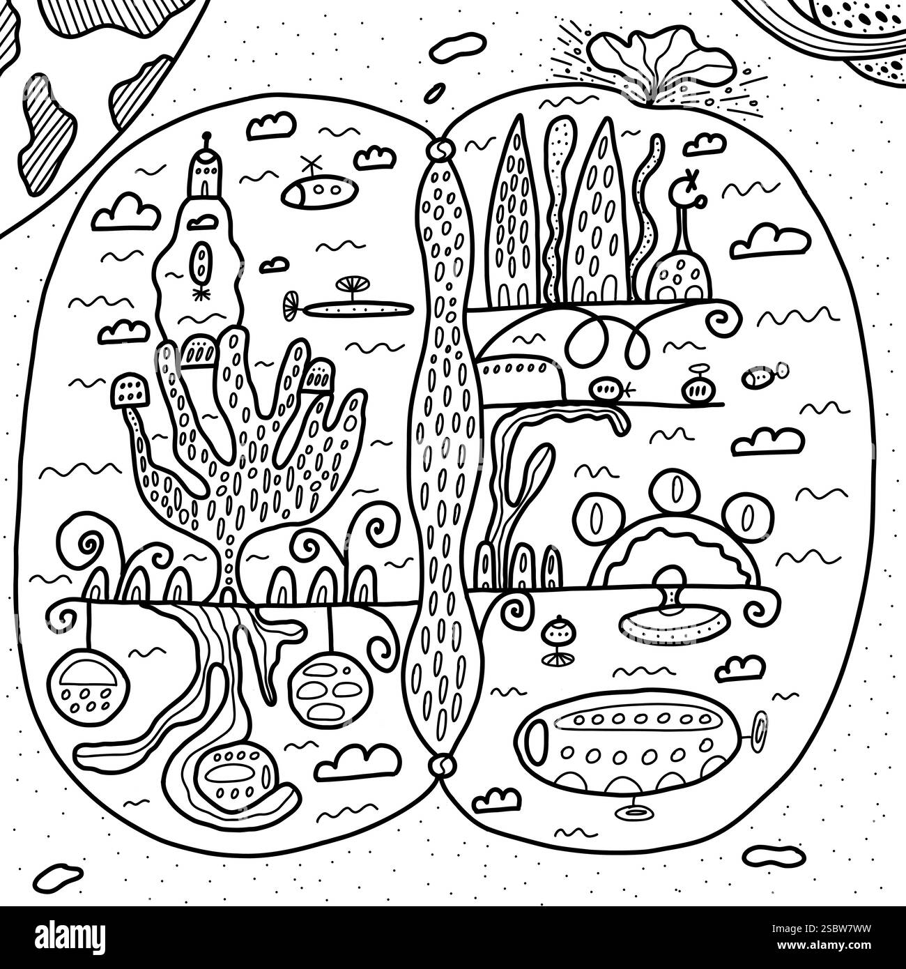 Città futuristica nello spazio con il proprio sistema ecologico, architettura e trasporti. Illustrazione trasparente disegnata a mano in stile doodle Illustrazione Vettoriale