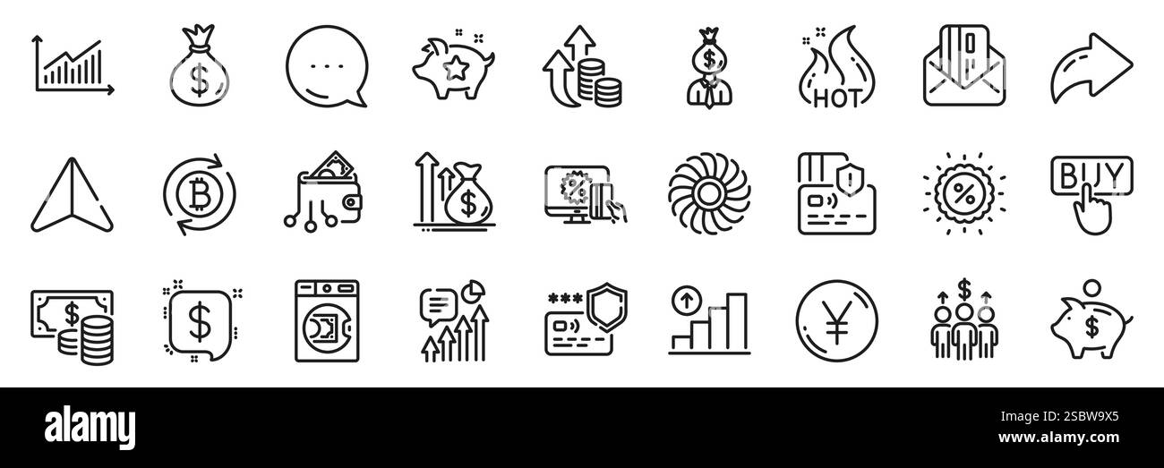 Pacchetto di icone messaggio di pagamento, vendita calda e linea carta. Per applicazioni Web. Icone della riga dell'app. Vettore Illustrazione Vettoriale