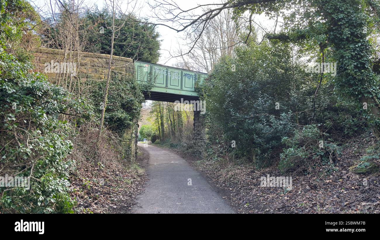 Vecchi ponti ferroviari su una pista ciclabile in periferia. Edimburgo, Scozia. Il paesaggio della pista ciclabile è vecchio Foto Stock