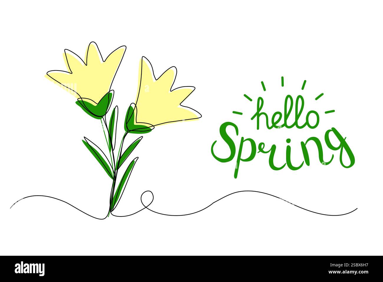 I fiori a forma di campana sono in linea con la scritta Hello Spring, l'illustrazione vettoriale Illustrazione Vettoriale