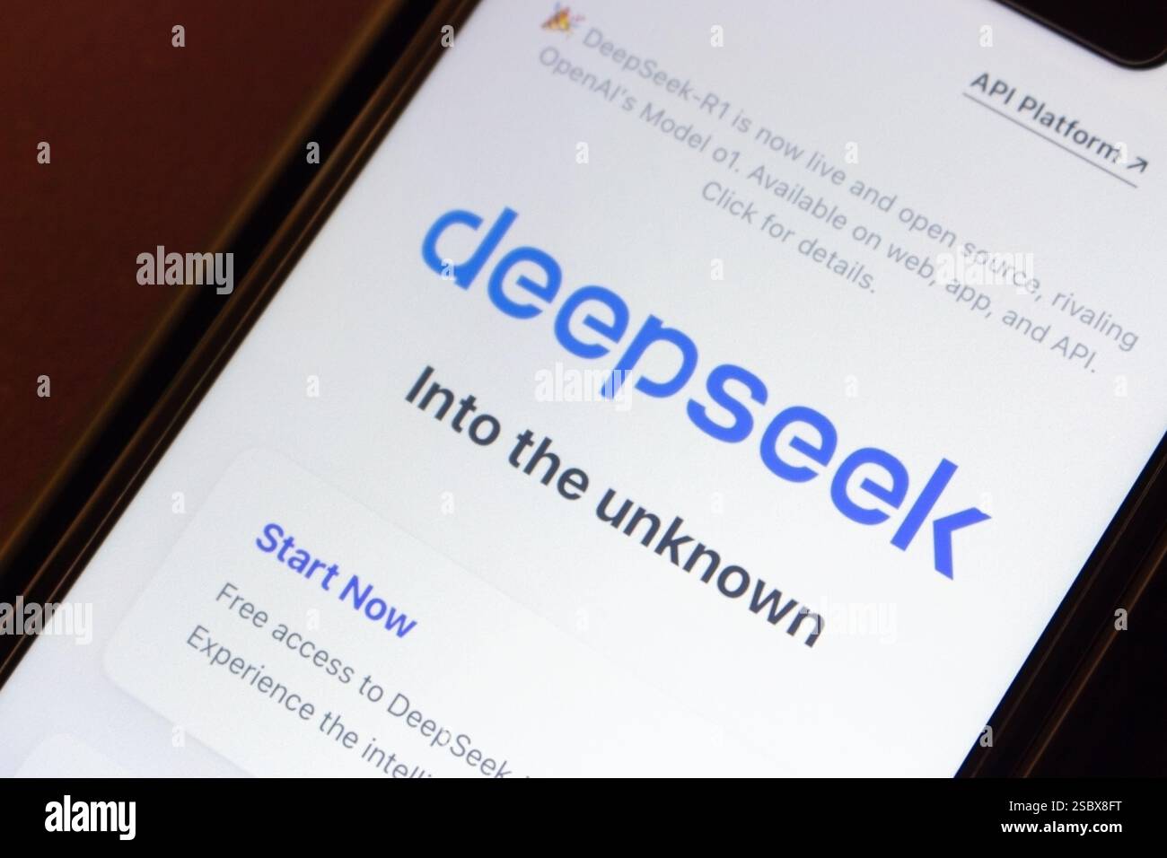 Il sito Web DeepSeek viene visualizzato su un iPhone. DeepSeek è un'azienda di intelligenza artificiale con sede in Cina che sviluppa LLMS, concentrandosi sulla formazione a basso costo e sull'espansione globale. Foto Stock