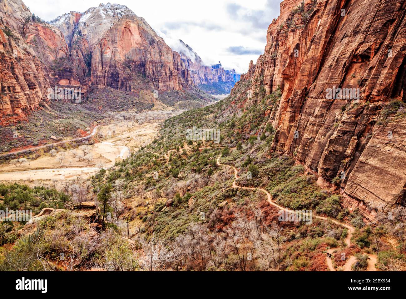 Catena montuosa con una strada sterrata che la attraversa. La strada è circondata da alberi e rocce Foto Stock