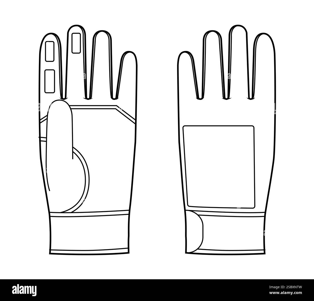 Guanti da passeggio accessori moda indumenti per illustrazioni tecniche. Vista posteriore del palmo frontale vettoriale per uomo, donna, modello piatto in stile unisex contorno schizzo di mockup CAD su sfondo bianco Illustrazione Vettoriale