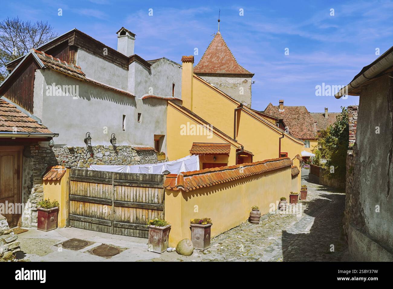 Street nel centro storico di Sighisoara, Romania Sighisoara, Romania, Europa Foto Stock