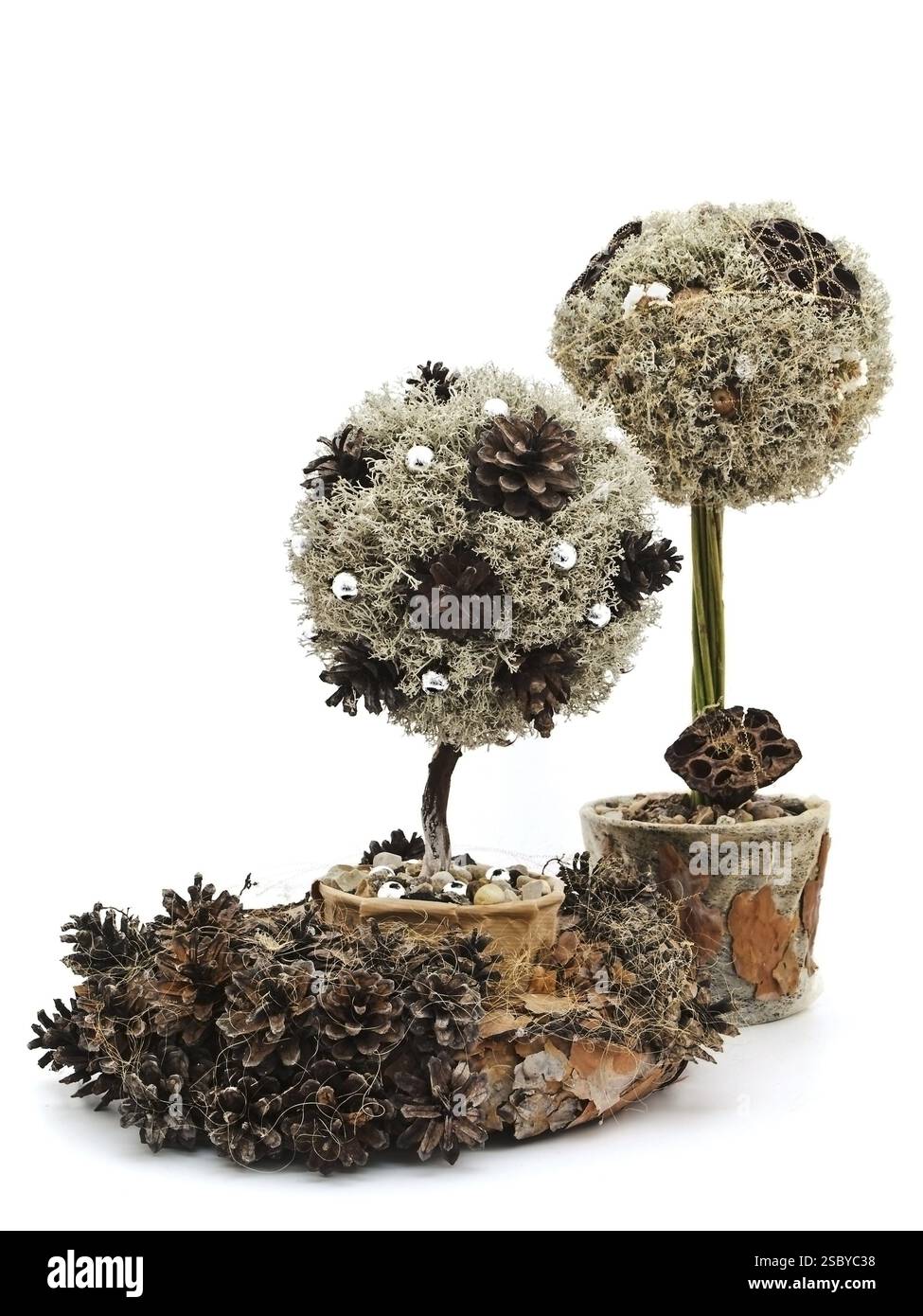 Albero decorativo realizzato a mano da Pine Tree e coni su sfondo bianco Foto Stock