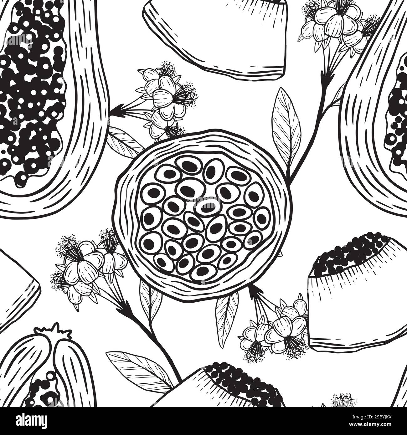 Un motivo bianco e nero splendidamente stilizzato che presenta una varietà di frutta e fiori eleganti ovunque. Grafica vettoriale in bianco e nero disegnata a mano nella grafica in linea per la stampa su carta e tessuto. Illustrazione Vettoriale