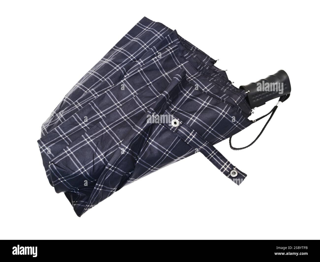 Ombrello pieghevole chiuso su sfondo bianco Foto Stock