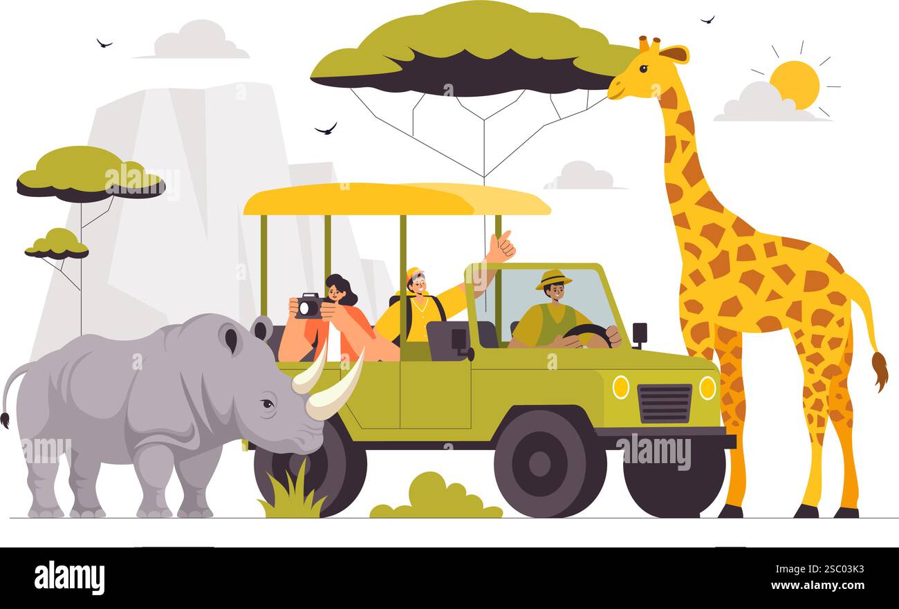 I visitatori esplorano il Wildlife Safari Illustration, che mostra le persone che si godono una visita allo zoo con giraffe, elefanti e altri animali sullo sfondo Illustrazione Vettoriale