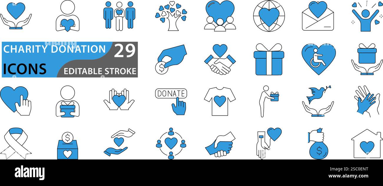 Set di icone di beneficenza e donazione. Simbolo di aiuto, volontariato, donato, assistenza, condivisione e solidarietà. Impostare la raccolta vettoriale delle icone. Illustrazione Vettoriale