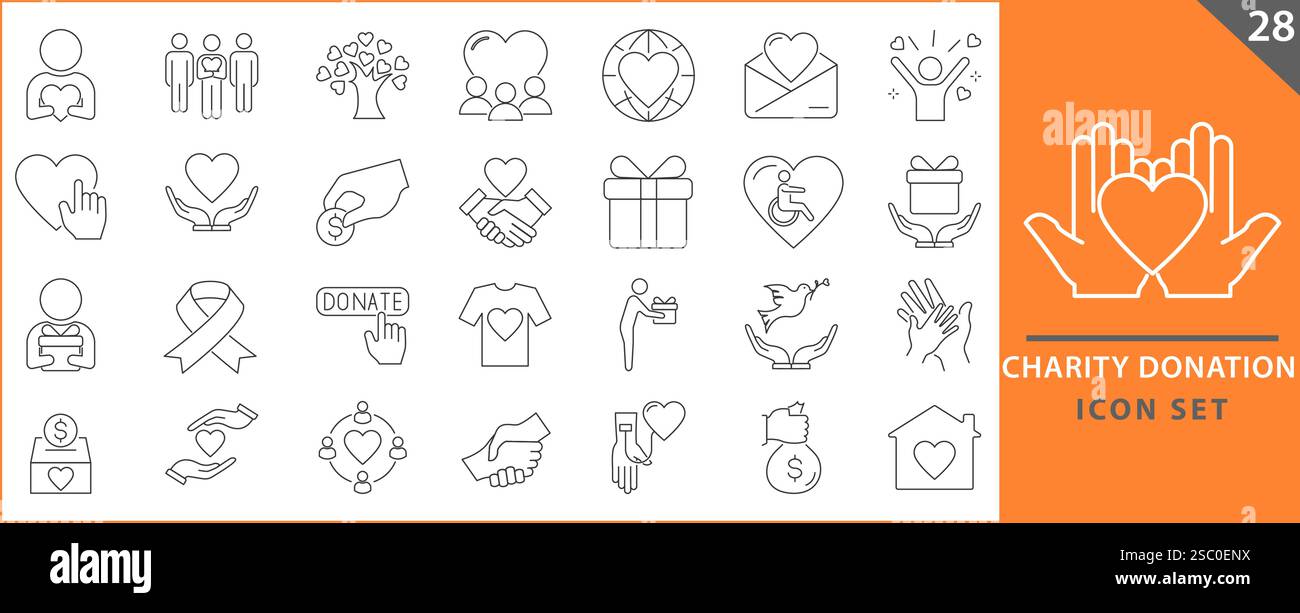 Set di icone di beneficenza e donazione. Simbolo di aiuto, volontariato, donato, assistenza, condivisione e solidarietà. Impostare la raccolta vettoriale delle icone. Illustrazione Vettoriale