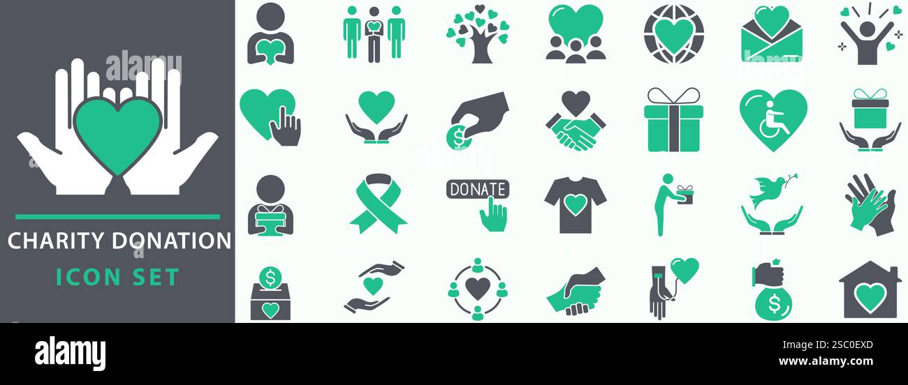 Set di icone di beneficenza e donazione. Simbolo di aiuto, volontariato, donato, assistenza, condivisione e solidarietà. Impostare la raccolta vettoriale delle icone. Illustrazione Vettoriale