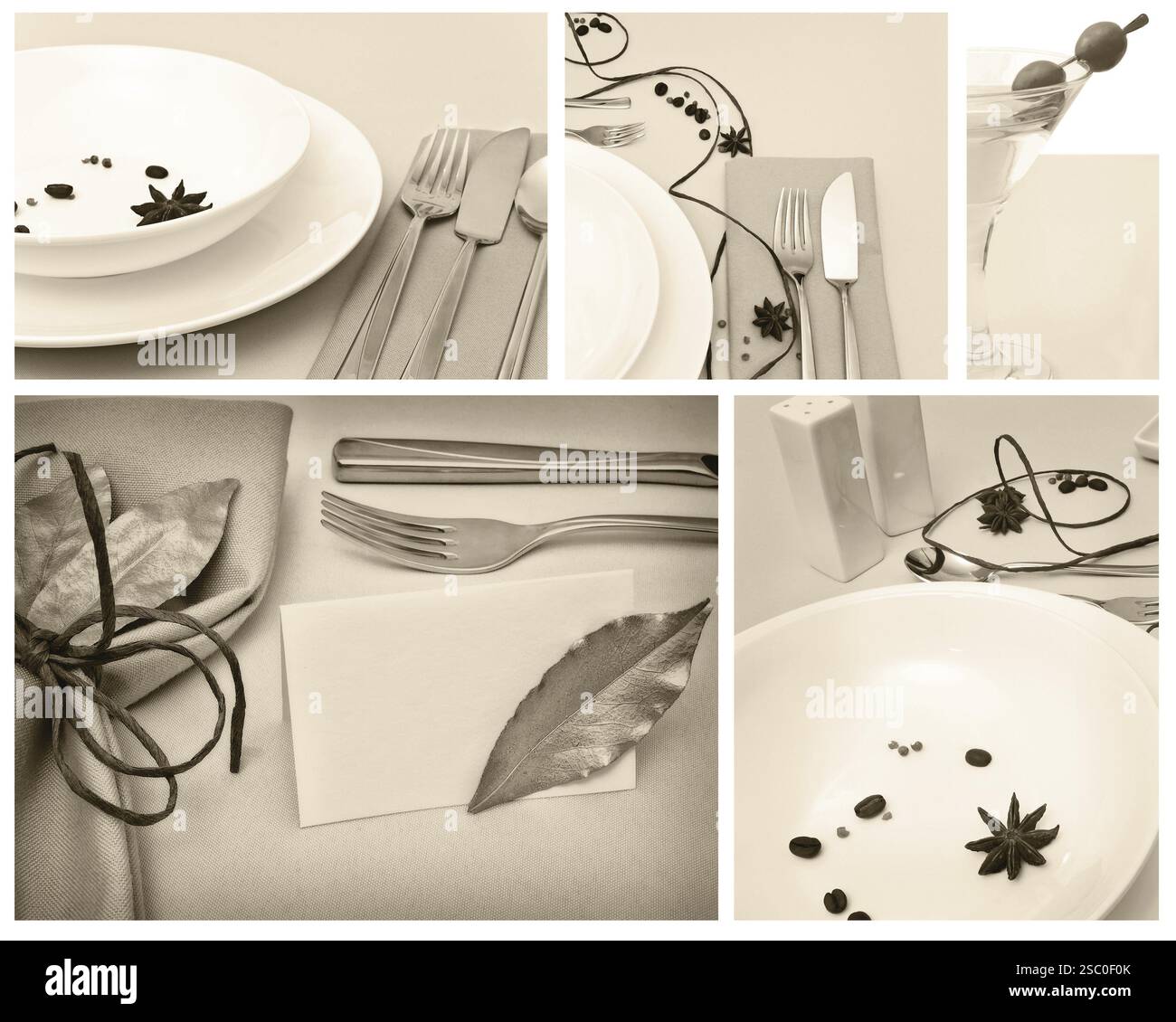 Set ristorante: Tavolo creativo che serve spezie, decorazioni e stoviglie Foto Stock