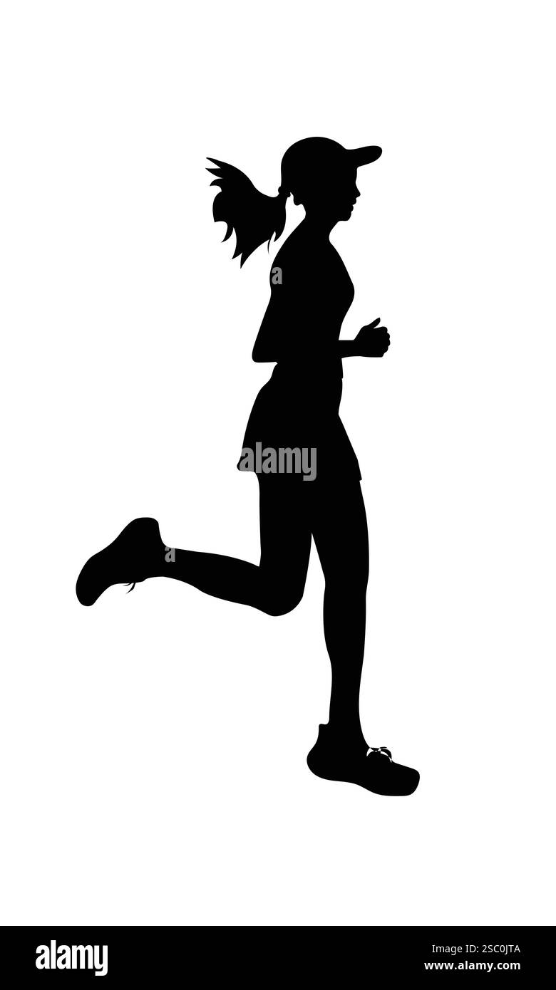 La silhouette di una donna che corre con determinazione, indossa un cappellino e un abbigliamento sportivo. La posa dinamica cattura l'energia e il movimento di un corridore Illustrazione Vettoriale