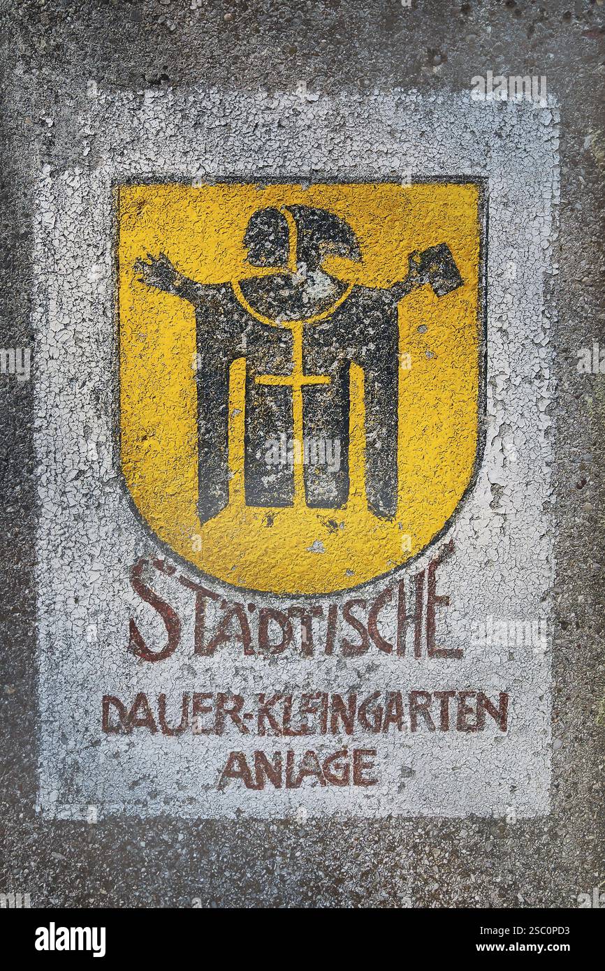 Insegna e logo, giardino comunale di assegnazione permanente, giardini di assegnazione, Monaco, alta Baviera, Baviera, Germania, Europa Foto Stock