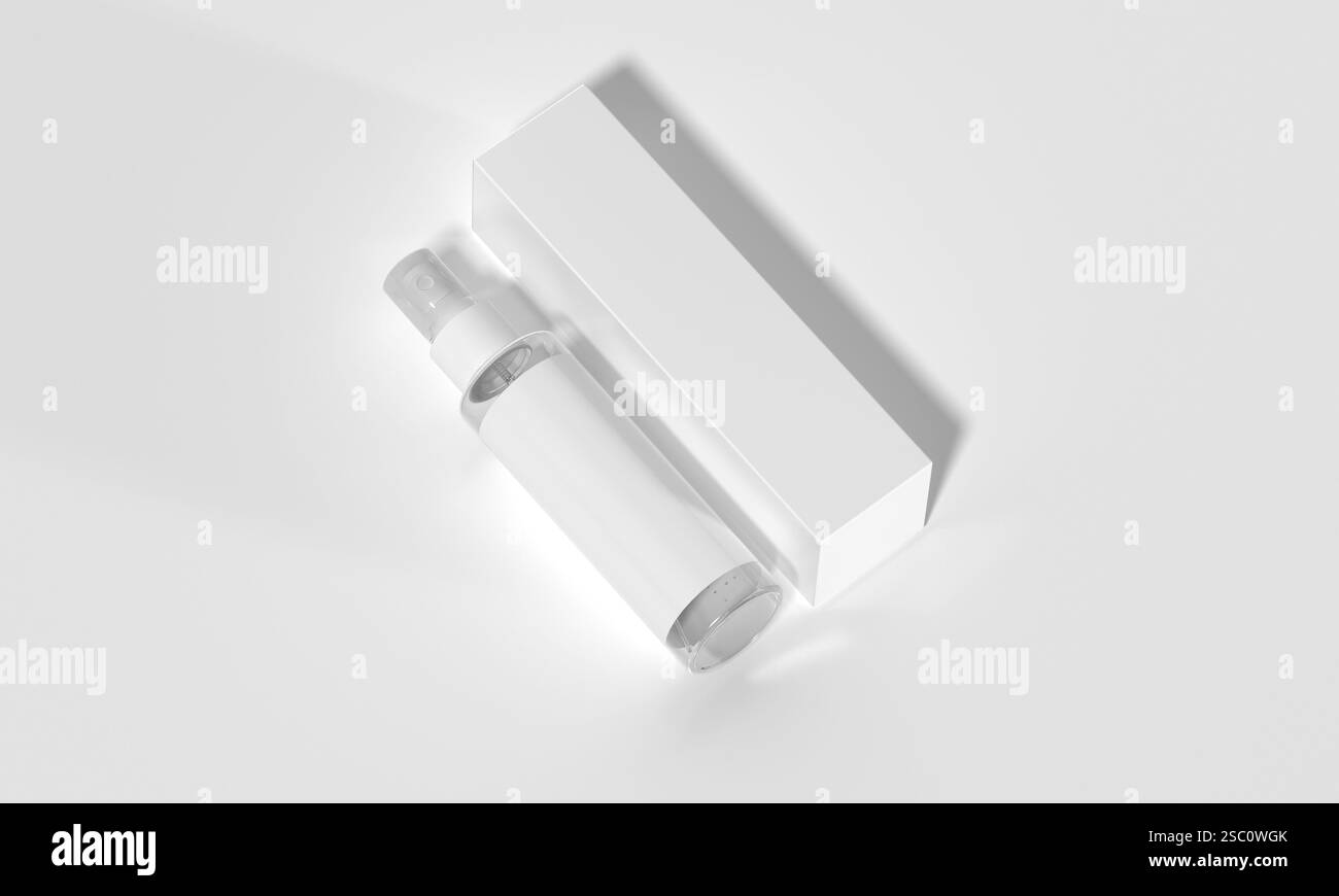 Mockup trasparente per flacone spray e scatola, rendering 3D, confezione vuota per prodotti cosmetici Foto Stock