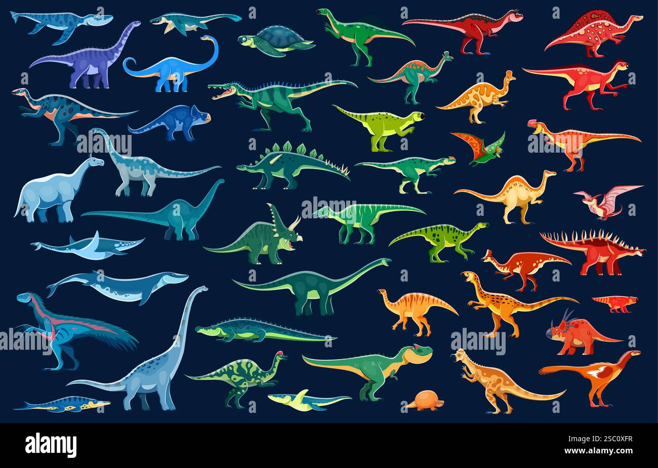 Infografiche sui dinosauri di rettili preistorici vettoriali. Infografiche Cartoon corythosaurus, kronosaurus, brontosaurus e styracosaurus dinosauri. Illustrazione Vettoriale