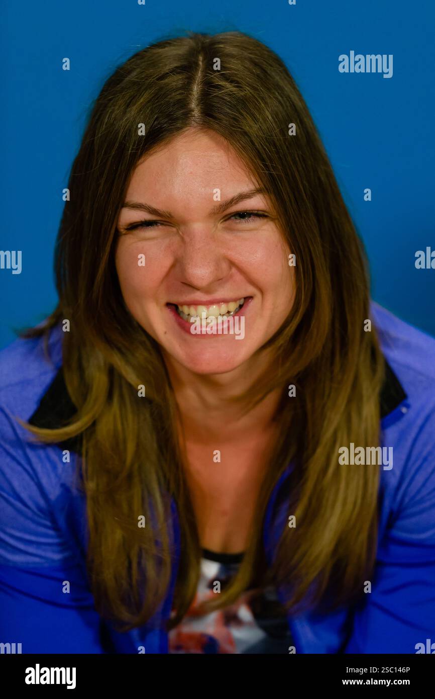 Simona Halep durante una conferenza stampa all'Australian Open Foto Stock