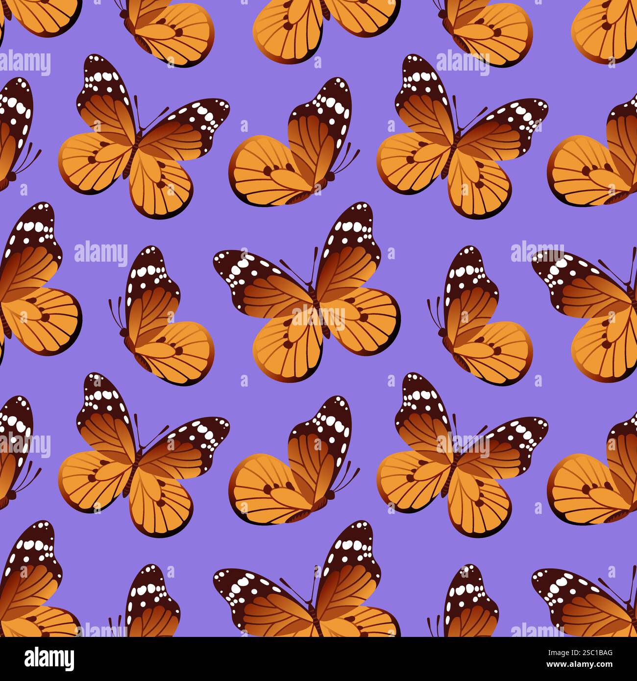 Un motivo senza cuciture con vivaci farfalle Monarch mette in mostra le loro straordinarie ali arancioni e nere su uno sfondo complementare. Perfetto f Illustrazione Vettoriale