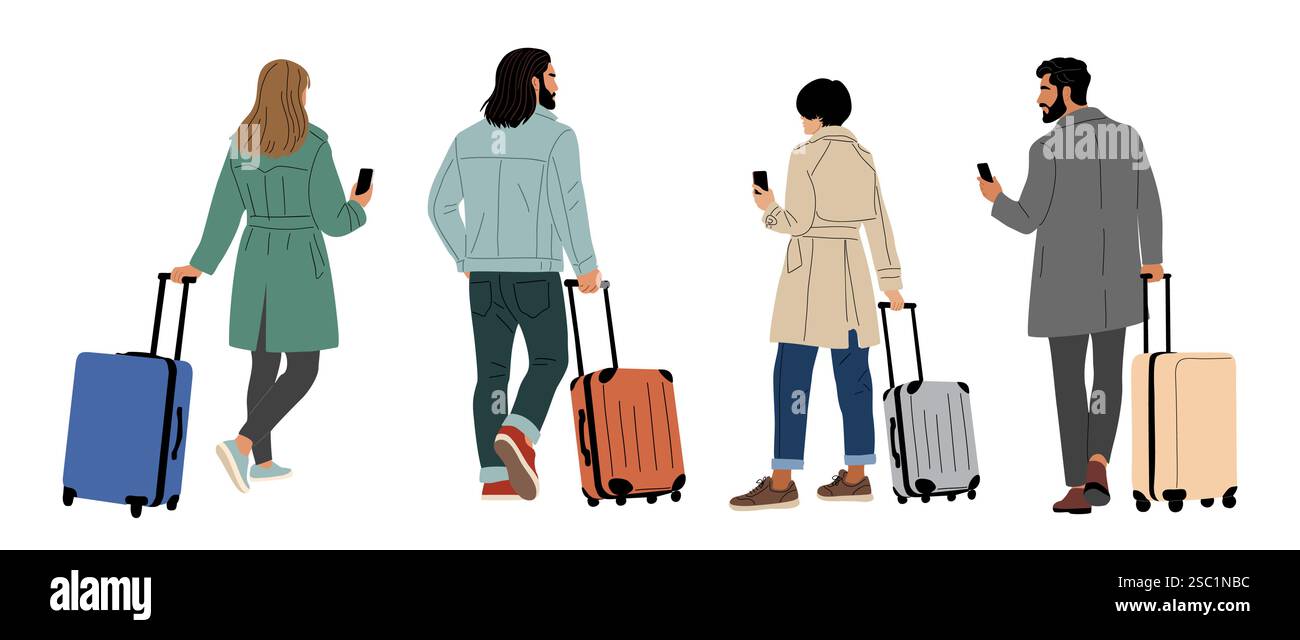 Gruppo di persone diverse che camminano con i loro bagagli Illustrazione Vettoriale