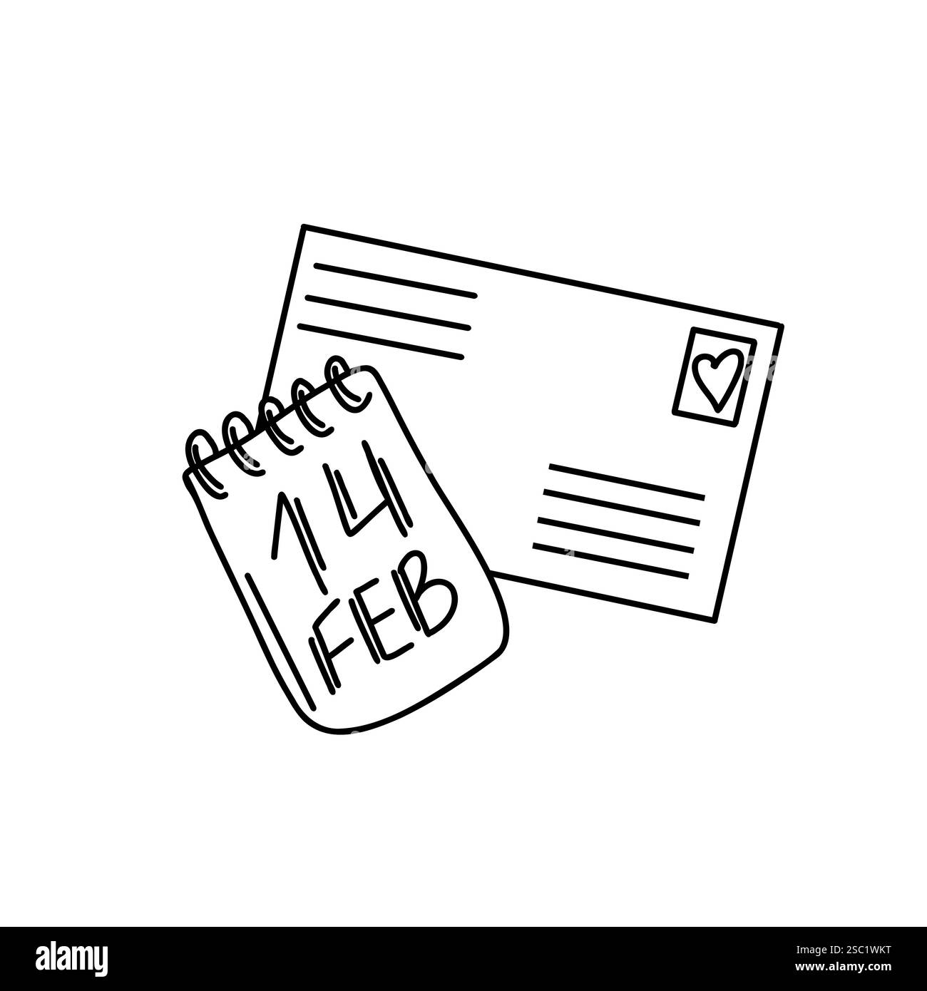 Illustrazione vettoriale disegnata a mano di una lettera d'amore, con il calendario che segna il 14 febbraio per San Valentino. Un design semplice e pulito, ideale per i biglietti d'auguri Illustrazione Vettoriale