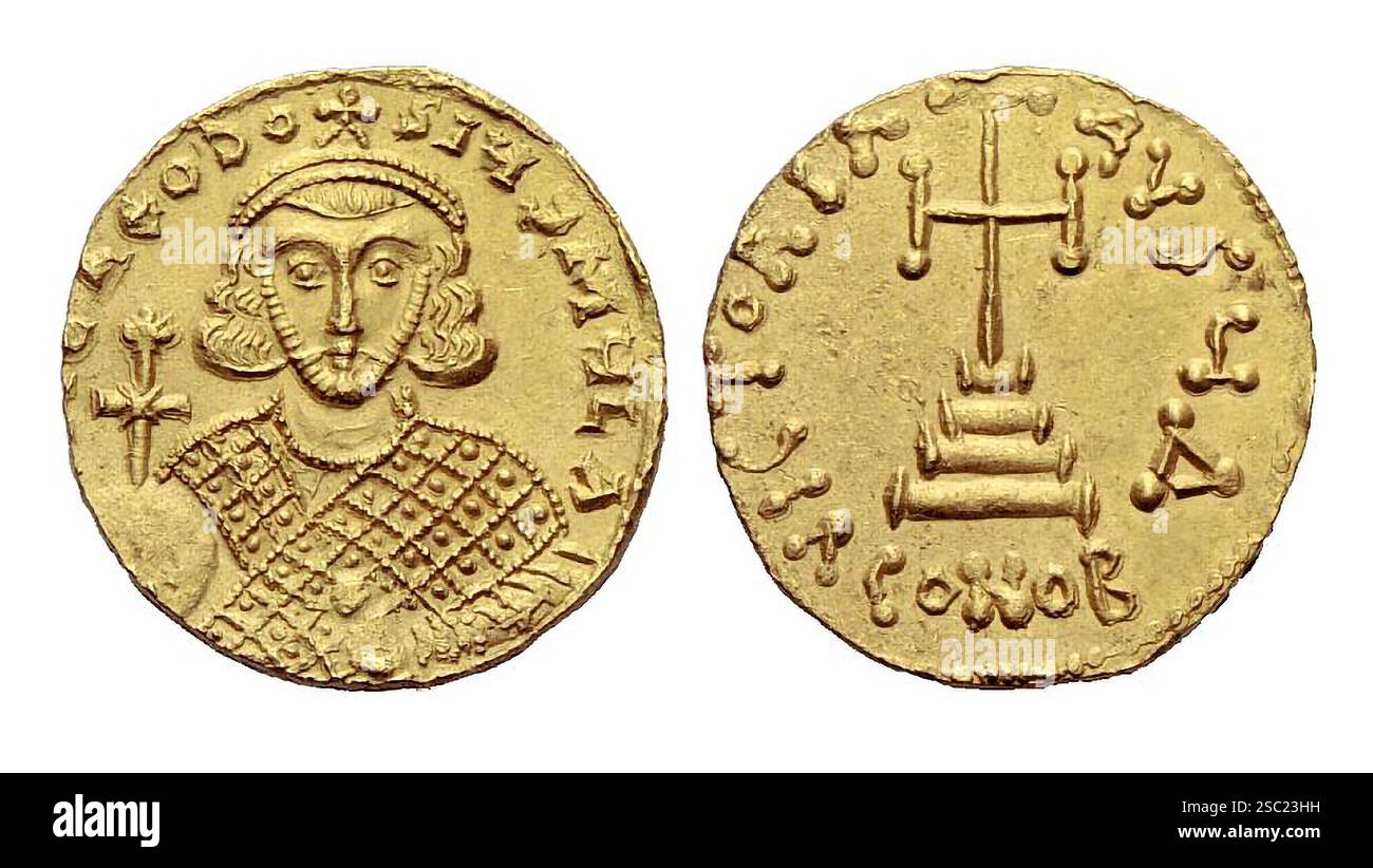 7482. Moneta d'oro raffigurante Teodosio III l'imperatore bizantino dal 715 al 717. , Foto Stock