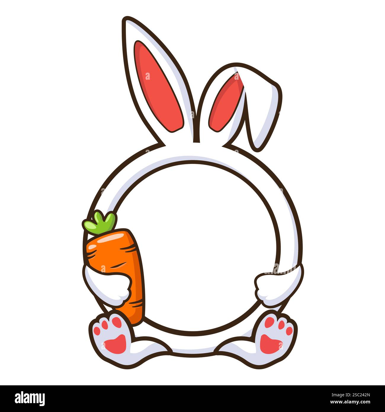 Graziosa cornice di coniglio che regge carota. Icona animale. Bordo in stile cartone animato piatto. Confine circolare del coniglietto pasquale. Cartoon Design per biglietti d'auguri, adesivi o. Illustrazione Vettoriale