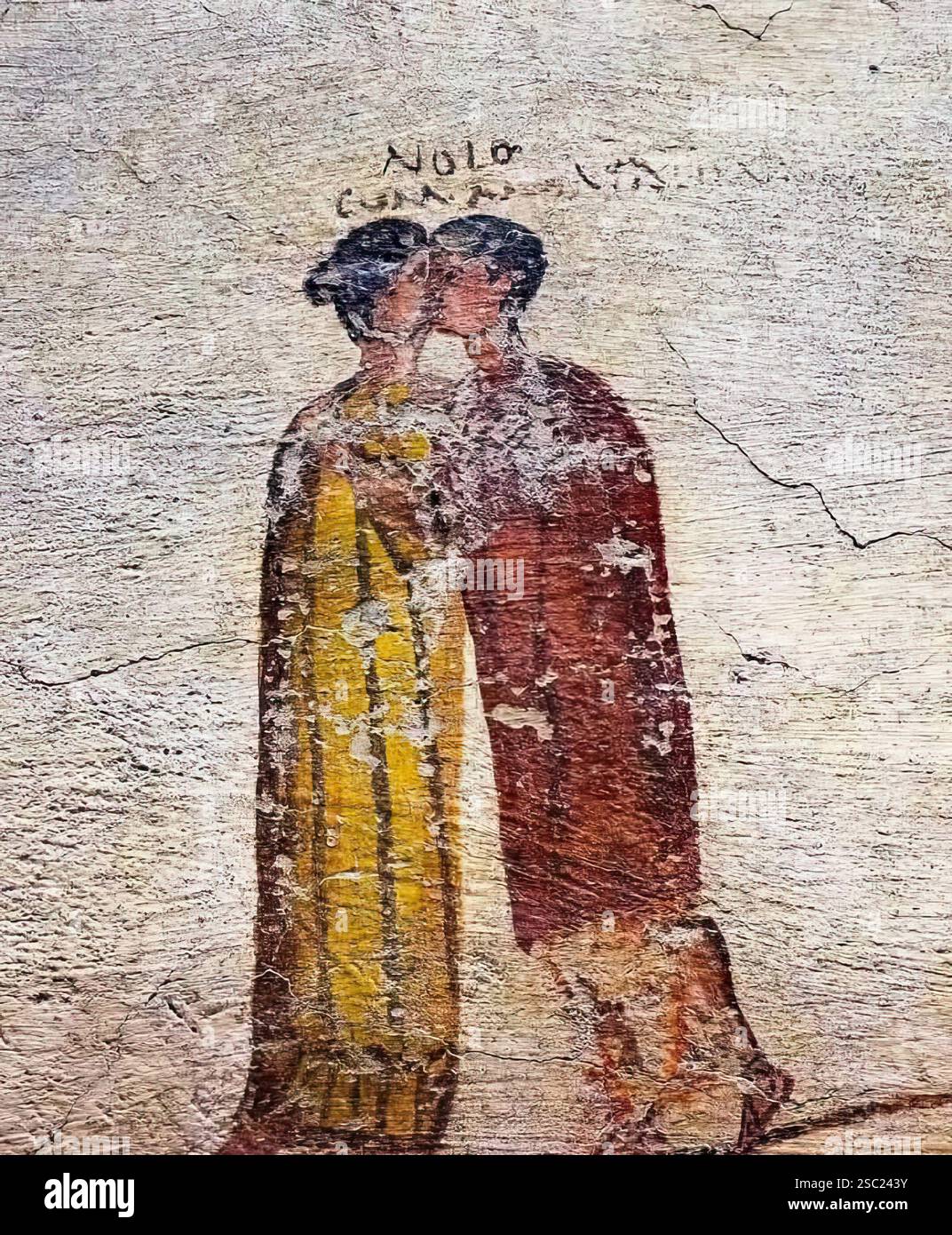 7551. Pittura murale di Pompeo raffigurante due giovani che si baciano. Periodo romano c. 70 d.C. Foto Stock