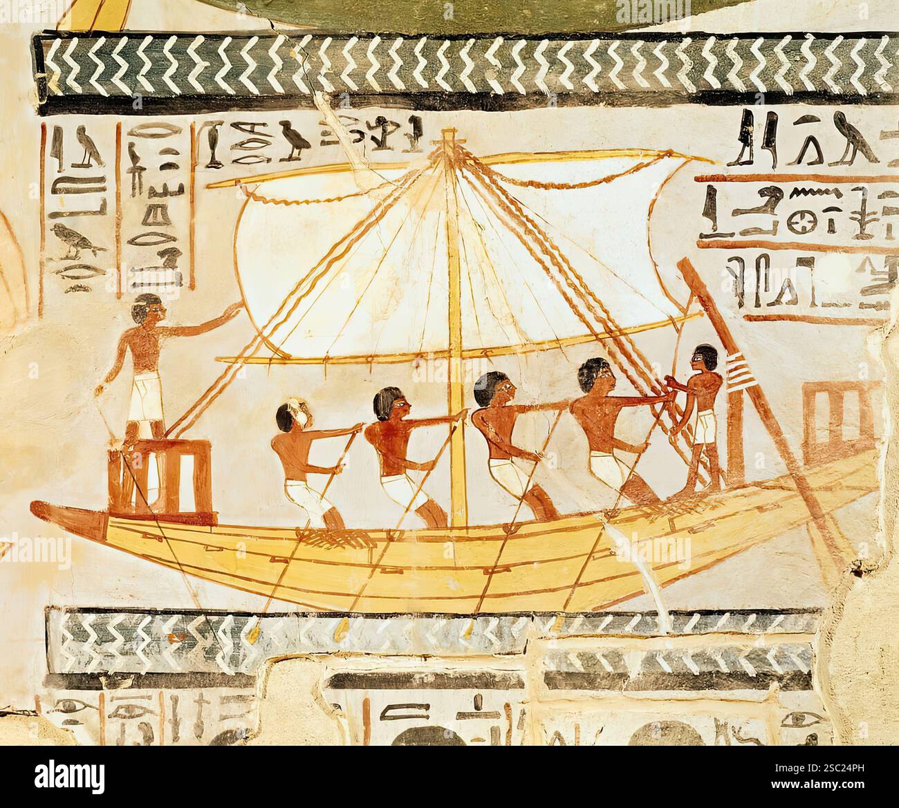 1847. I barcaioli sul fiume Nilo tornano dal pellegrinaggio al tempio di culto di Osiride ad Abydos. Un dettaglio di un dipinto murale nella Tomba di Sennefer Foto Stock