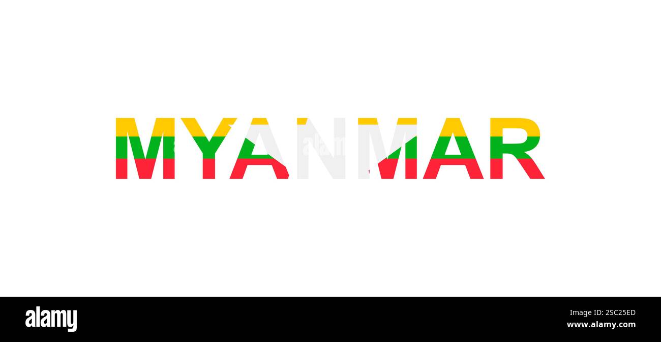 Lettere Myanmar nello stile della bandiera del paese. Parola Myanmar in stile bandiera nazionale. Illustrazione vettoriale. Illustrazione Vettoriale