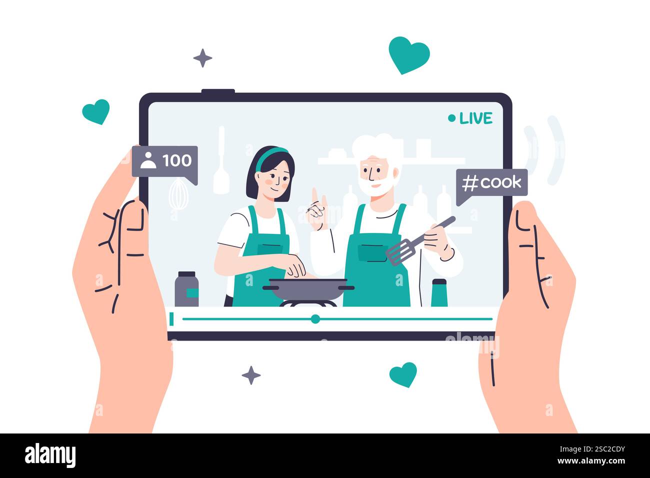 Illustrazione vettoriale di una persona che guarda una ricetta video su un tablet dove i food blogger stanno cucinando insieme. Le mani tengono in mano un tablet che è playi Illustrazione Vettoriale