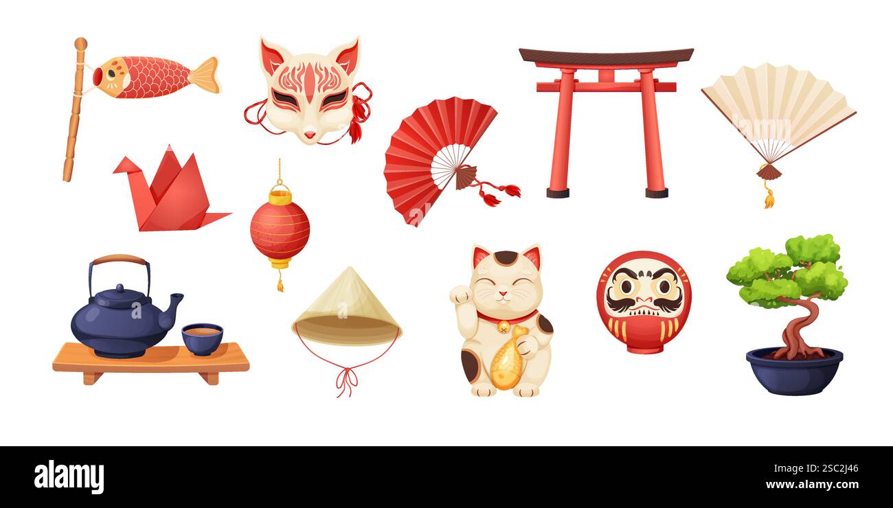 Giappone con elementi tradizionali, albero bonsai, bandiera koinobori, divertimento, gatto maneki neko, gru origami e teiera con tazze da tè isolate su sfondo bianco. Illustrazione vettoriale Illustrazione Vettoriale