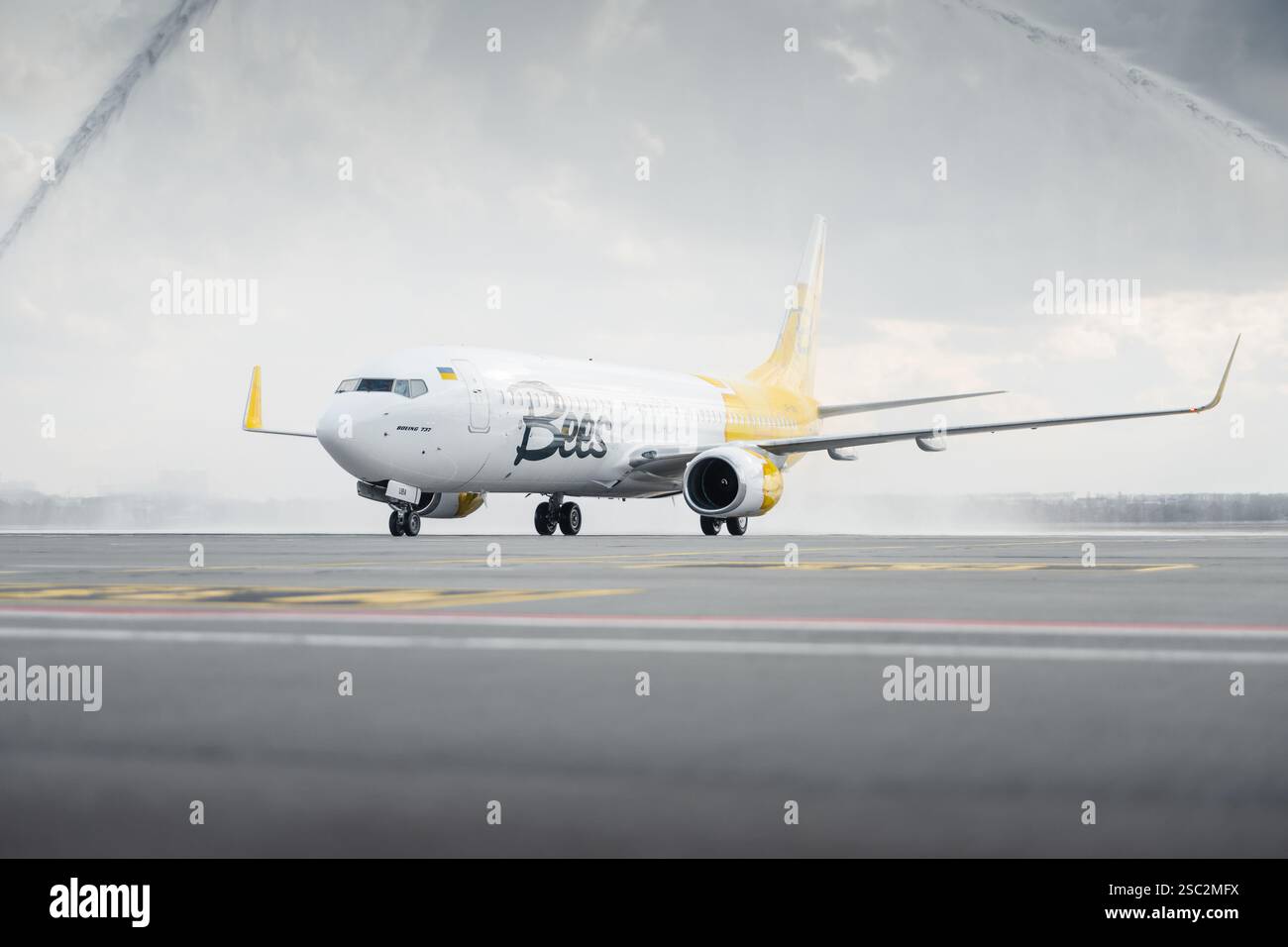 Saluto in acqua per l'inizio del servizio internazionale di api presso l'aeroporto internazionale di Kiev. Aereo bianco Boeing 737 che passa sotto l'arco d'acqua. Foto Stock