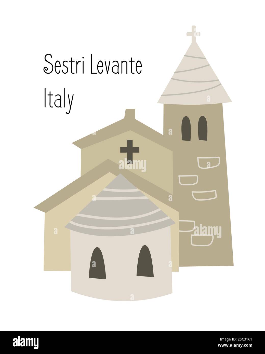 Chiesa di san Nicola, luoghi di interesse ed edifici in Liguria. Tradizionale punto di riferimento mediterraneo. Italia e turismo. Illustrazione isolata su bianco Illustrazione Vettoriale