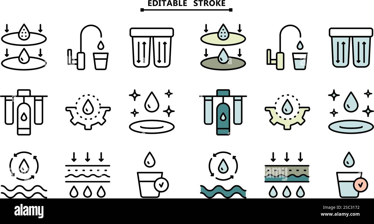 Set semplice di icone colore vettoriali correlate all'acqua. Traccia modificabile. Set icone di purificazione dell'acqua. Raccolta del trattamento delle acque reflue. Osmosi e desalinatio Illustrazione Vettoriale