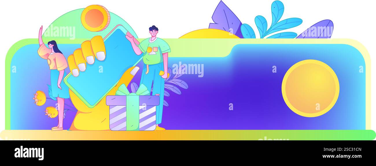 Persone che fanno shopping durante le festività che fanno acquisti online shopping online operazione di concetto vettoriale piatto illustrazione disegnata a mano Illustrazione Vettoriale