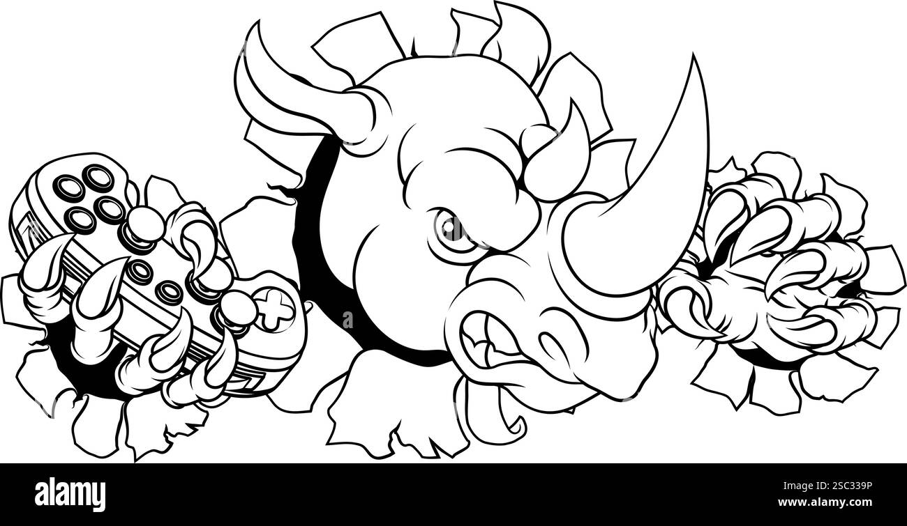 Rhino Rhinoceros Gamer Gaming Cartoon Mascot Illustrazione Vettoriale