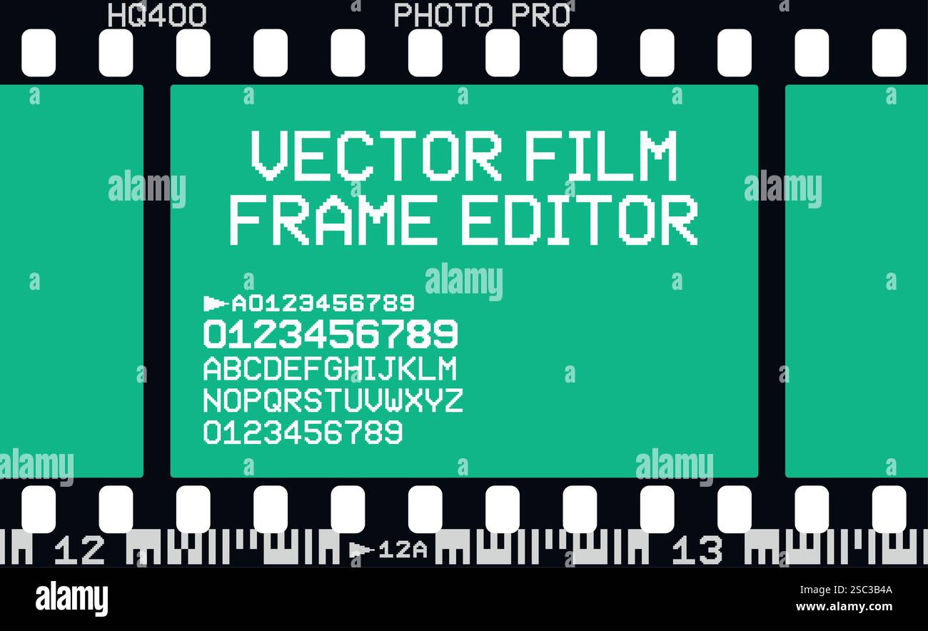 Illustrazione vettoriale del bordo della pellicola fotografica analogica con caratteri modificabili Illustrazione Vettoriale