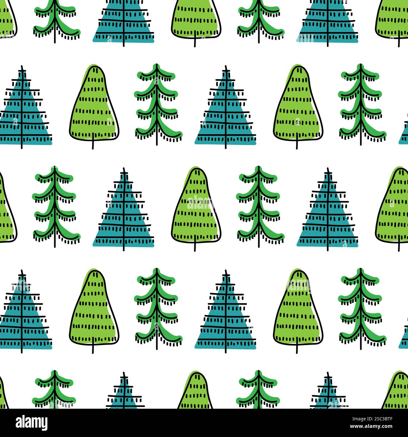 Motivo colorato di alberi stilizzati con forme e dimensioni variabili su sfondo bianco Illustrazione Vettoriale