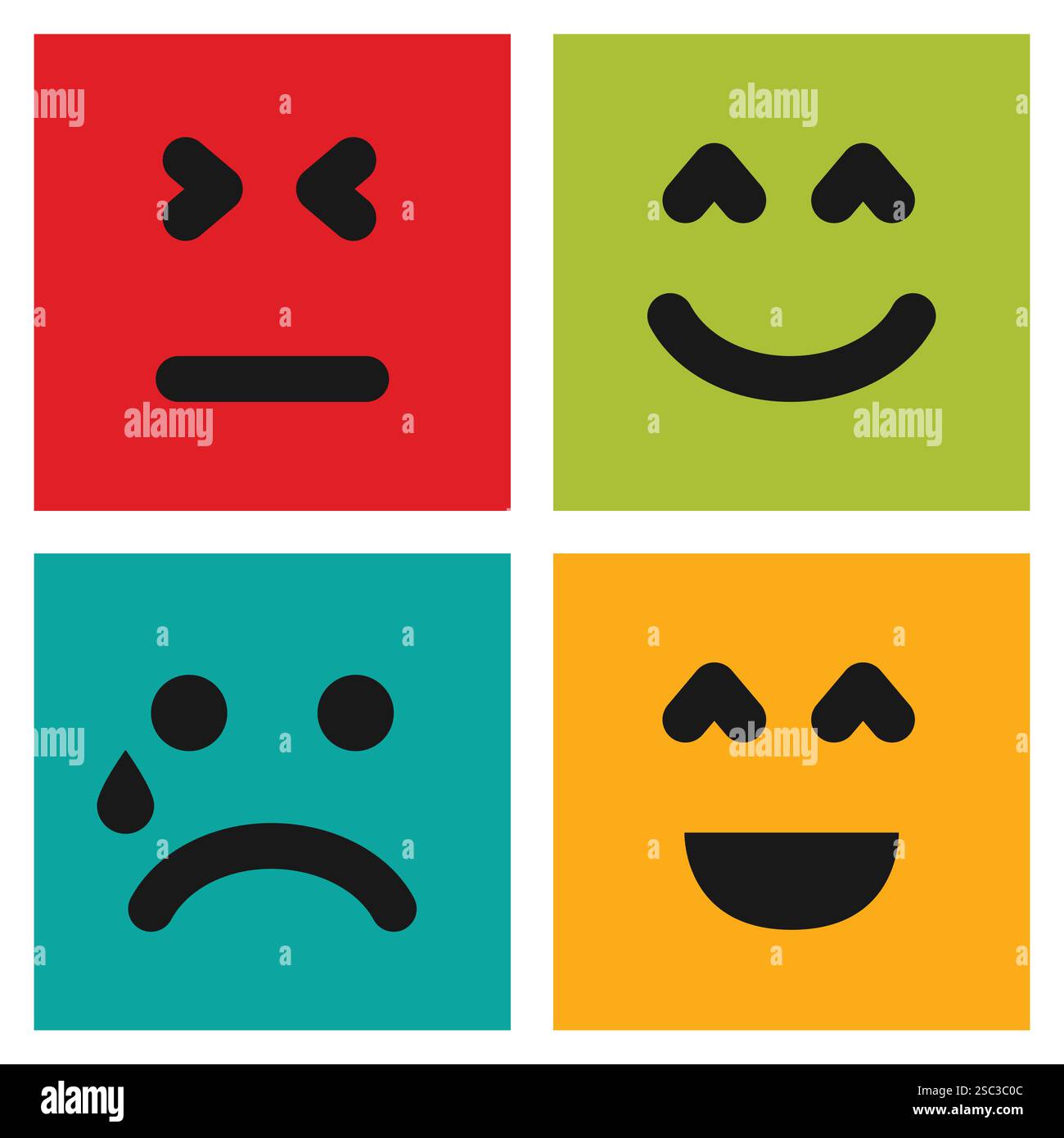 Set di quattro emoticon colorate con volti sorridenti, piangenti e insoddisfatti. Icona emoji nel quadrato. Ripetizione di sfondo piatta. Illustrazione vettoriale Illustrazione Vettoriale