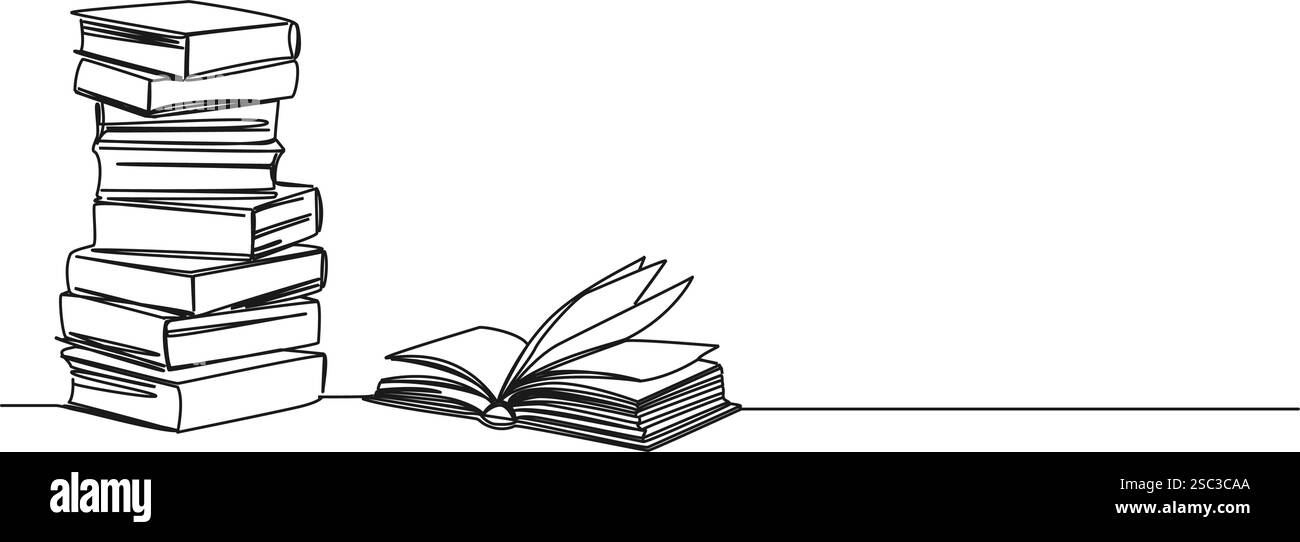 disegno continuo a riga singola di grandi pile di libri e illustrazione vettoriale open book, line art Illustrazione Vettoriale