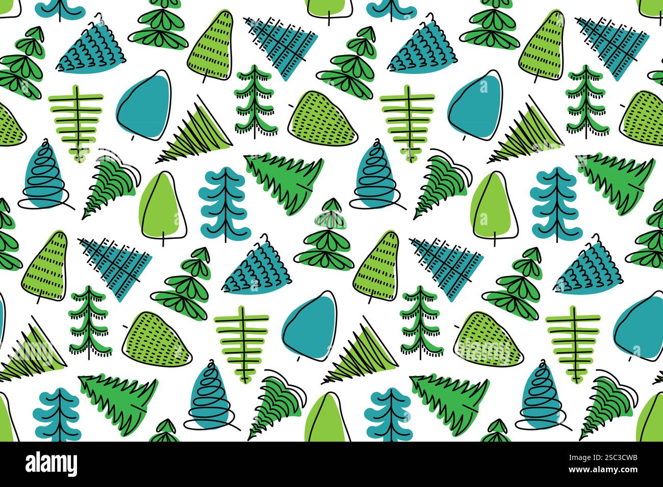 Motivo colorato con varie illustrazioni ad albero su sfondo bianco Illustrazione Vettoriale