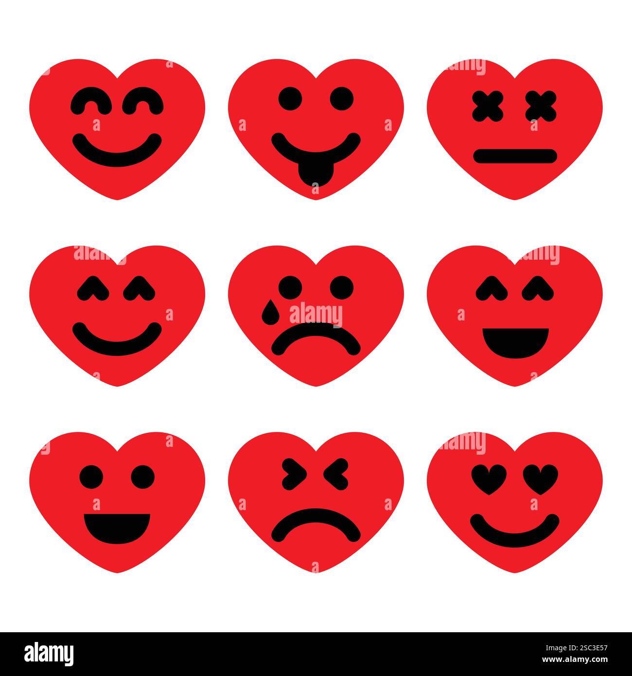 Set di nove cartoni animati cuori con emozioni. Icona emoji nei simboli Love. Illustrazione vettoriale Illustrazione Vettoriale