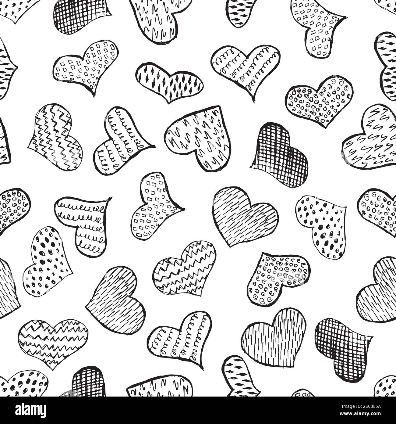 Motivo senza cuciture con cuori neri disegnati a mano. Illustrazione vettoriale Illustrazione Vettoriale