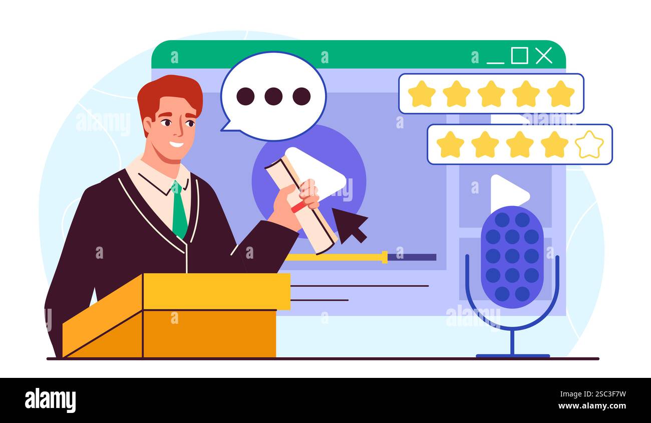 Concetto di altoparlante pubblico. L'uomo con microfono comunica con il pubblico. Discorso degli studenti dopo la laurea. Istruzione, apprendimento e formazione. Piatto Illustrazione Vettoriale