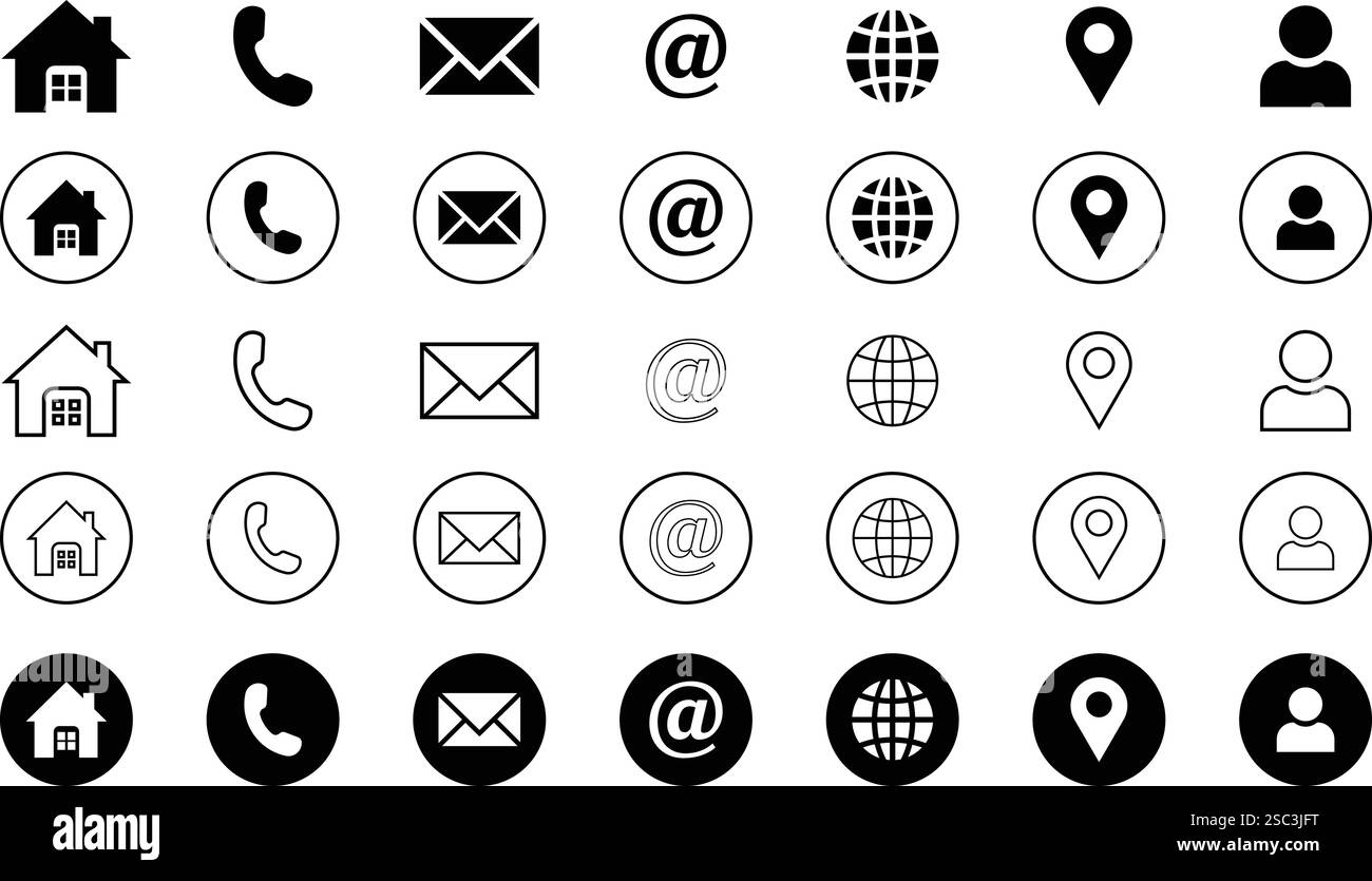 Icona di business per l'azienda. Set di icone Web. Pacchetto di simboli per telefono, nome, sito Web, indirizzo, posizione e posta. Icone delle informazioni di contatto. Illustrazione Vettoriale