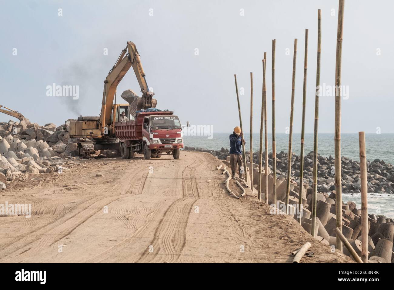 Un operaio edile sta installando avambracci di bambù come struttura di supporto temporanea in un sito costiero, con escavatori e dumper che scaricano attivamente ma Foto Stock