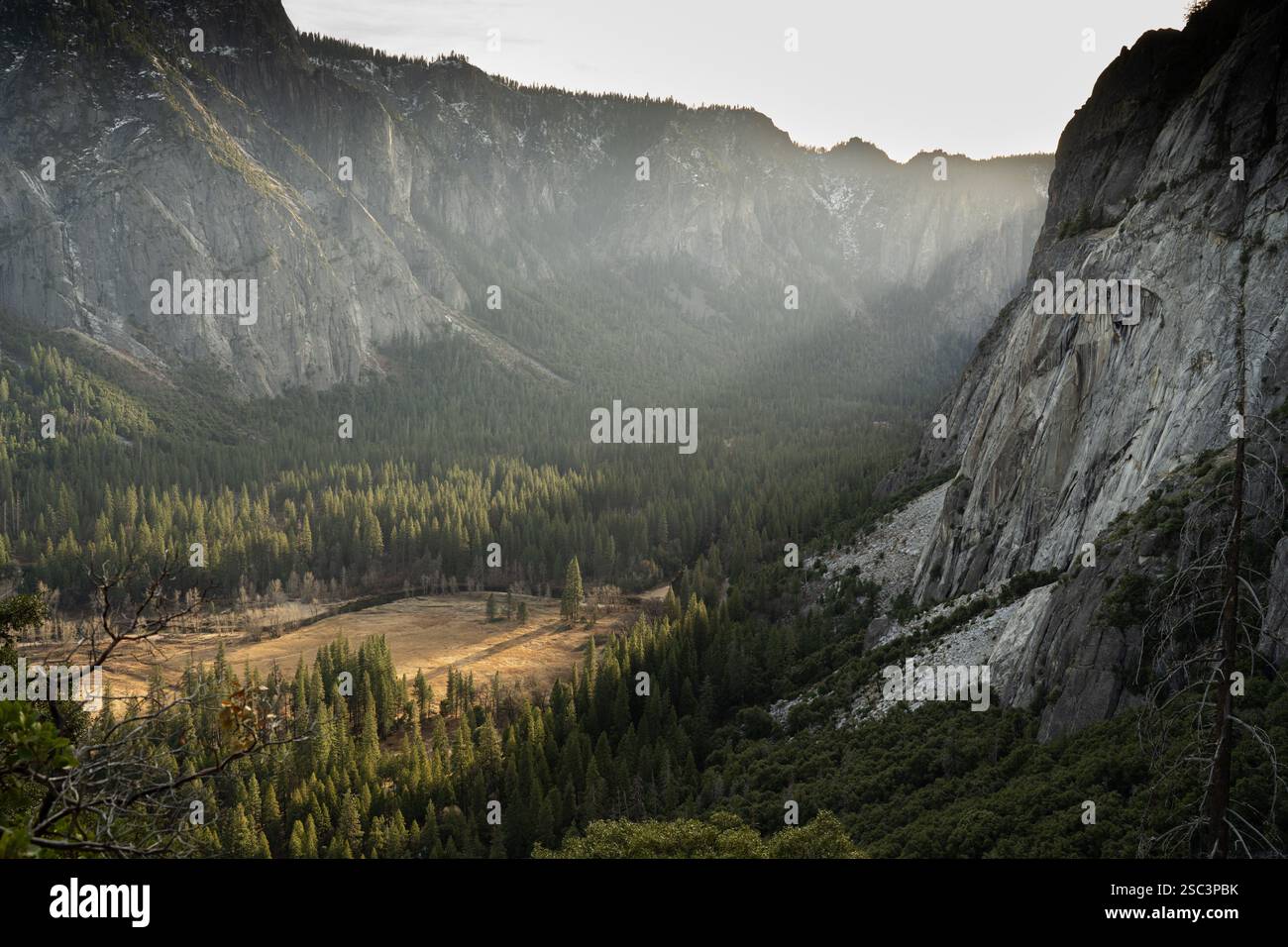 Vista dall'alto della Yosemite Valley, del bosco e DELLE scogliere di granito. La luce del sole filtra attraverso la valle. Foto Stock
